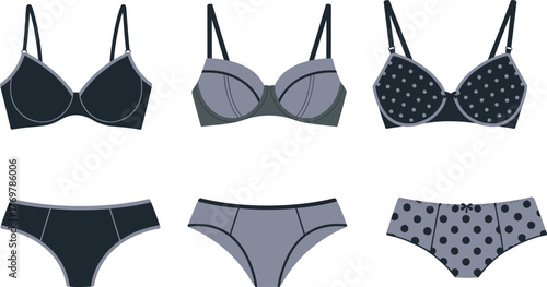 Women’s lingerie vector illustration set, six stylized bra and panty designs in grid layout, white background for fashion and apparel concepts