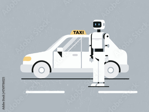 Concept illustration of a taxi equipped with an AI robot. Smart city. Autonomous driving. Driverless. Future.