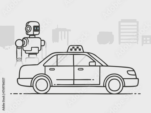 Concept illustration of a taxi equipped with an AI robot. Smart city. Autonomous driving. Driverless. Future.
