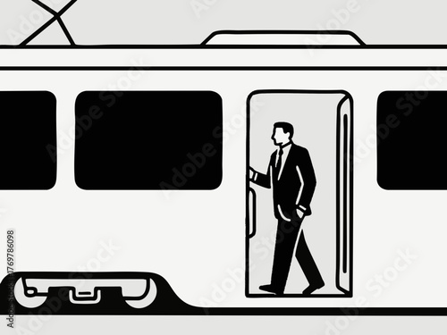 Simple illustration of a train and a person in a suit commuting to work. Business scene. Walking. Going out. Sales. Commuting. Leaving work. Returning home.