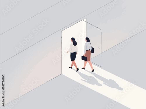 Simple illustration of a woman in a suit going to work. Business scene. Walking. Going out. Sales.