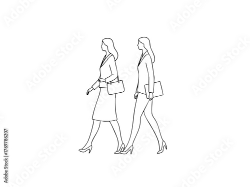 Simple illustration of a woman in a suit going to work. Business scene. Walking. Going out. Sales.