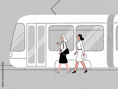 Simple illustration of a train and a person in a suit commuting to work. Business scene. Walking. Going out. Sales. Commuting. Leaving work. Returning home.