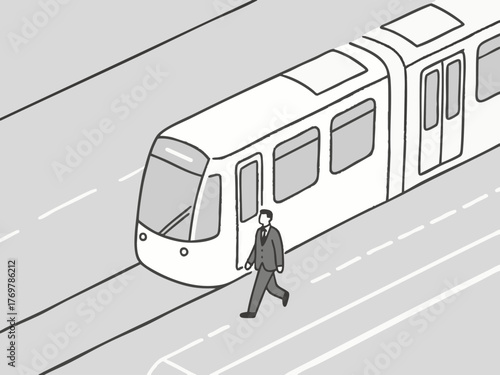 Simple illustration of a train and a person in a suit commuting to work. Business scene. Walking. Going out. Sales. Commuting. Leaving work. Returning home.