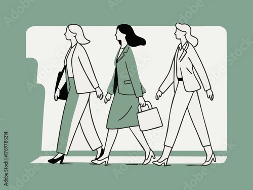 Simple illustration of a woman in a suit going to work. Business scene. Walking. Going out. Sales.