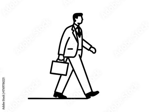 Simple illustration of a man in a suit going to work. Business scene. Walking. Going out. Sales.