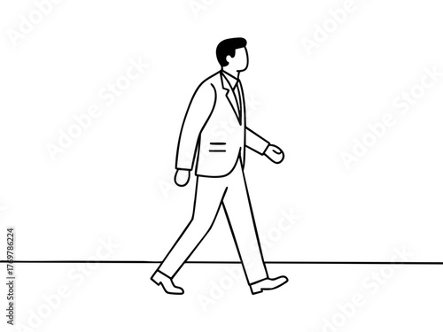 Simple illustration of a man in a suit going to work. Business scene. Walking. Going out. Sales.