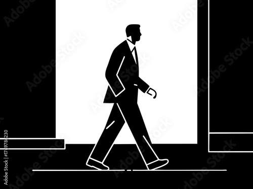 Simple illustration of a man in a suit going to work. Business scene. Walking. Going out. Sales.
