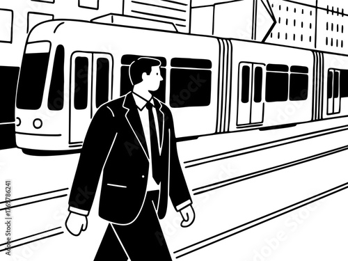 Simple illustration of a man in a suit going to work. Business scene. Walking. Going out. Sales.