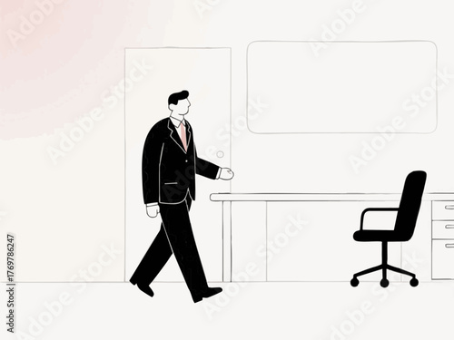 Simple illustration of a man in a suit going to work. Business scene. Walking. Going out. Sales.