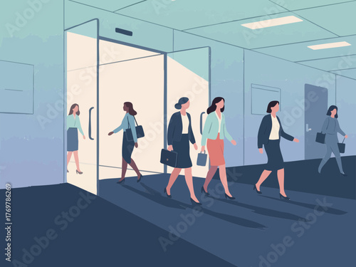 Simple illustration of a woman in a suit going to work. Business scene. Walking. Going out. Sales.