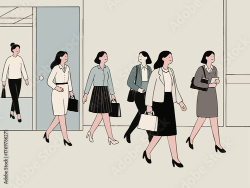Simple illustration of a woman in a suit going to work. Business scene. Walking. Going out. Sales.