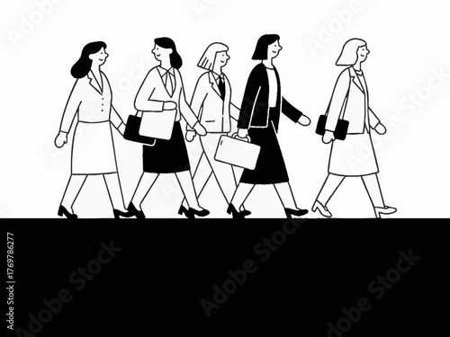 Simple illustration of a woman in a suit going to work. Business scene. Walking. Going out. Sales.