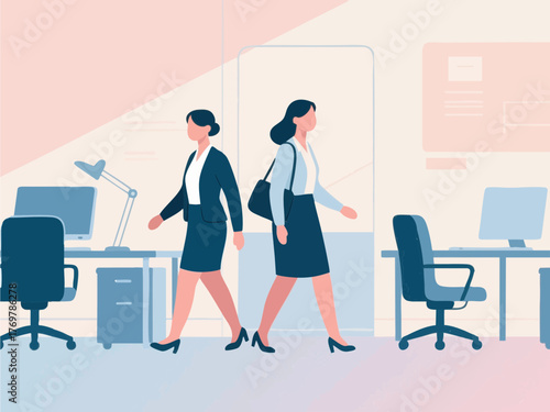 Simple illustration of a woman in a suit going to work. Business scene. Walking. Going out. Sales.