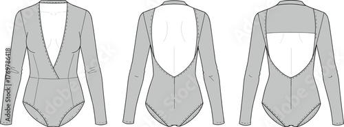 Backless bodysuit fashion flat sketch, deep V neck design, CAD vector illustration