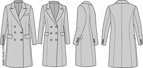 CAD drawing flat vector illustration of classic long double breasted coat design