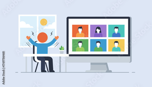 Employee feeling stressed and overwhelmed, throwing hands up in frustration while participating in a virtual video conference call with colleagues from home on a computer