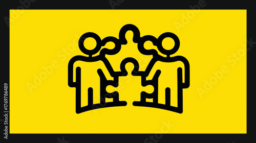 Stylized figures connect puzzle pieces on a bright yellow background
