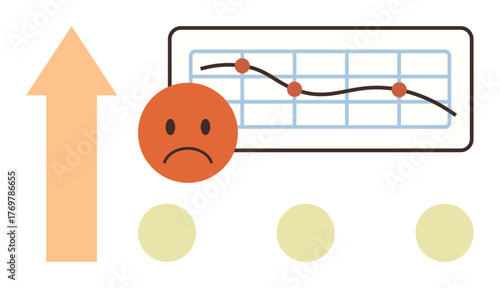 Sad face over downward-trending graph with markers. Large upward arrow contrasts performance. Ideal for business, analytics, failure analysis, decline, performance, emotions, simple flat metaphor
