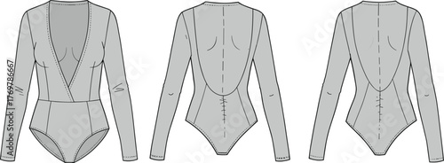 Fashion bodysuit CAD technical flat drawing with deep V neck long sleeves design