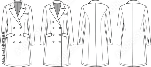 Trench coat fashion flat sketch, double breasted coat design, CAD vector illustration