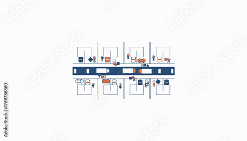 An aerial view of a moving day showing a street lined with parked trucks and families unloading cars in various yards.