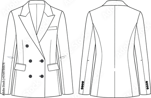 Women's double breasted blazer fashion flat sketch, front and back technical drawing
