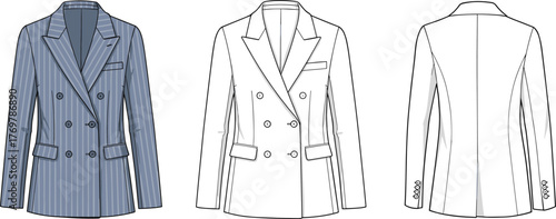 Women's striped double breasted blazer fashion flat, front and back technical drawing
