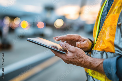 Construction worker in safety vest using tablet on site, with blurred background of machinery and vehicles, showcasing modern technology in industrial environment