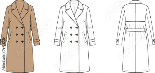 Women's long double breasted trench coat fashion flat, front and back view