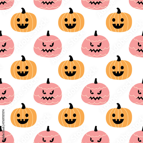 Cute Minimal Halloween Pumpkin Pattern, Pink and Orange Jack O Lantern Seamless Background