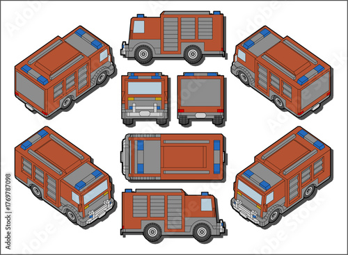 Isometric Fire Truck Views Collection