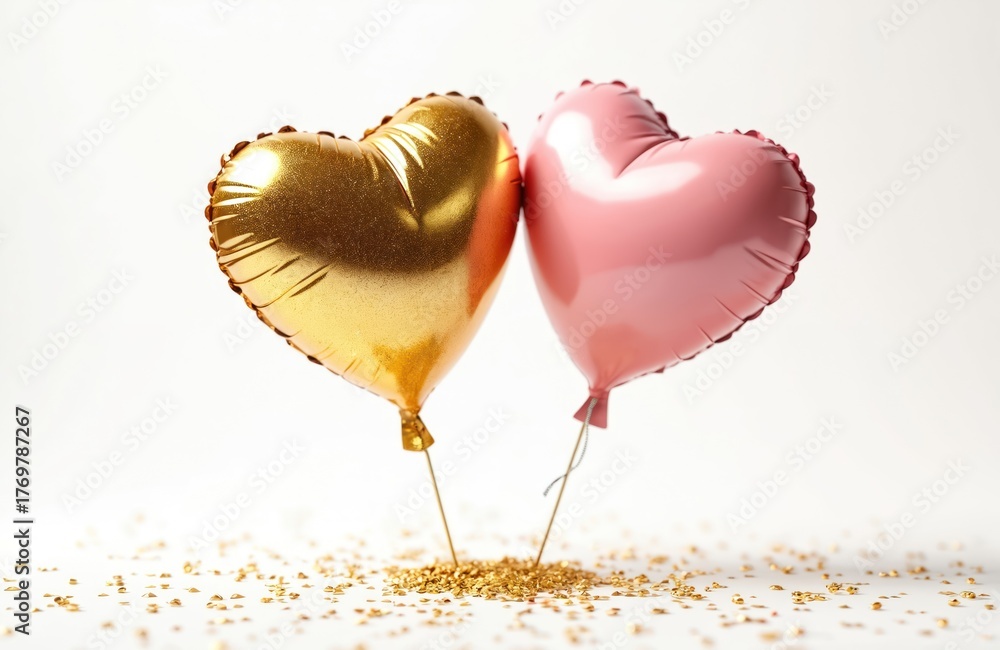 Fototapeta premium Two shiny heart shaped balloons, one gold and one pink, stand together on white. Golden confetti sparkles on the ground around them, perfect for celebrations.