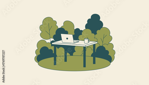 Work table with a laptop and coffee mug outdoors among green trees and bushes, illustrating remote work, work life balance, and connecting with nature