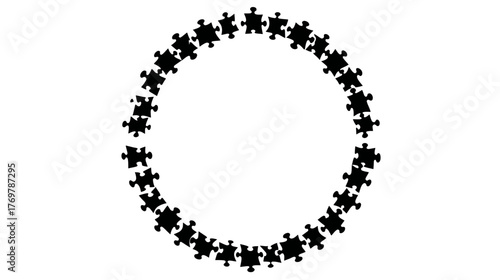 An incomplete circle of numerous black puzzle pieces arranged on a white background