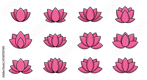 Collection of twelve stylized pink lotus flower icons, each presented with a subtle gradient and a dark outline against a stark black background, showcasing variations in petal arrangement and bloom
