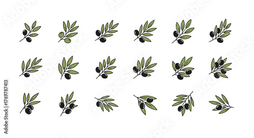 A collection of stylized olive branches with green and black olives, presented in a clean, minimalist iconographic style on a black background, perfect for food, health, and Mediterranean-themed