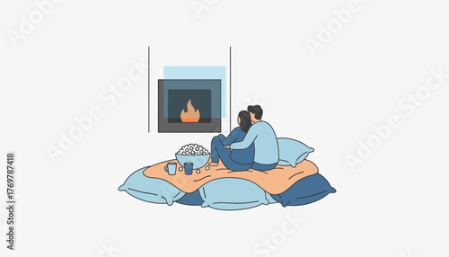 A cozy scene by a fireplace with soft pillows and blankets as a couple enjoys a movie night with popcorn and drinks.