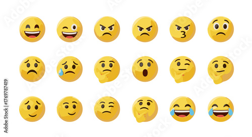 A vibrant collection of 3D rendered emojis showcasing a wide spectrum of human emotions, from joy and laughter to sadness and anger, presented against a clean black background for maximum visual