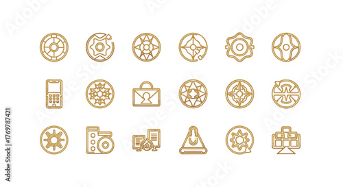 Collection of golden abstract geometric icons and symbols, including gears, snowflakes, a briefcase, a mobile phone, a computer network, and other abstract shapes, presented on a black background for