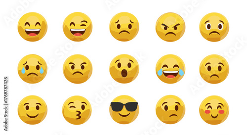 A vibrant collection of 3D rendered emoji faces showcasing a diverse range of emotions and expressions, including happiness, sadness, anger, surprise, and coolness, set against a clean black