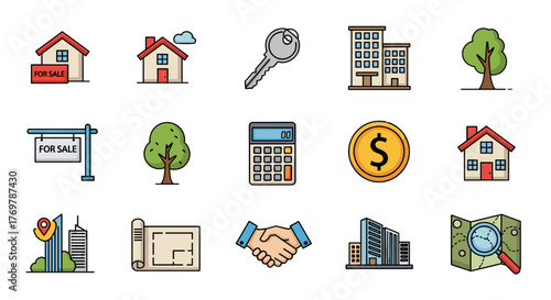 Collection of real estate icons and symbols for property business, including houses for sale, apartment buildings, keys, blueprints, calculators, money, trees, and a map with a magnifying glass