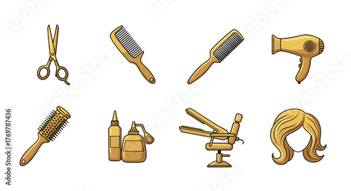 Golden Hairdressing Tools and Salon Equipment Collection: Featuring Scissors, Combs, Hairdryer, Brushes, Styling Bottles, Flat Iron, and a Blonde Wig, all on a Black Background, Representing Beauty