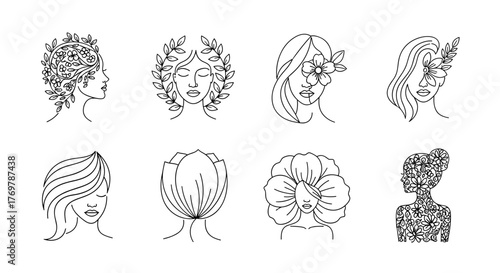 Collection of eight elegant line art illustrations of female profiles adorned with floral elements and botanical motifs, showcasing diverse hairstyles and decorative headpieces, perfect for beauty
