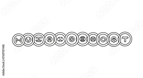 A striking collection of stylized circular icons, each featuring a unique graphic symbol or letter, arranged in a horizontal line against a stark black background, evoking a sense of modern design