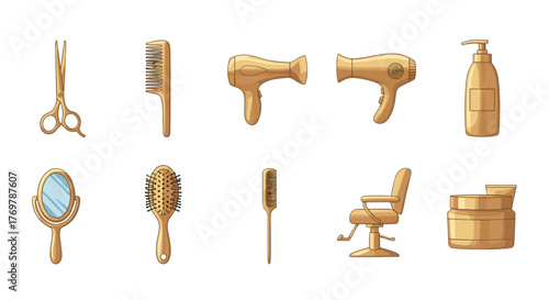 Golden collection of professional hairdressing tools and accessories, including scissors, combs, hair dryers, a mirror, a salon chair, and cosmetic jars, isolated on a black background, representing