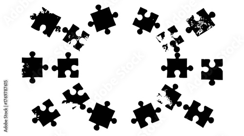 A circular frame of distressed black jigsaw puzzle pieces on a white background