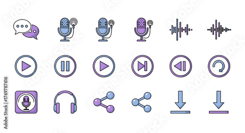 Collection of modern flat icons for podcasting, audio recording, and media playback, featuring microphones, sound waves, play, pause, rewind, fast forward, share, download, and refresh symbols in a