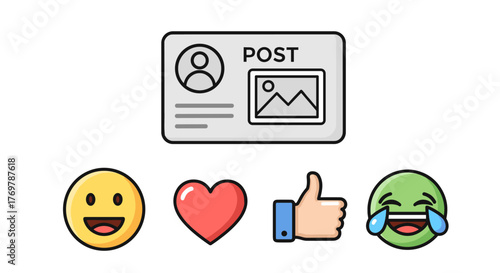 Social media post icon with profile picture and image placeholder, surrounded by popular reaction emojis like smiley face, heart, thumbs up, and laughing face, representing online engagement and