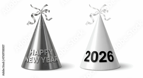 Two party hats one silver with happy new year and one white with 2026 on a white background